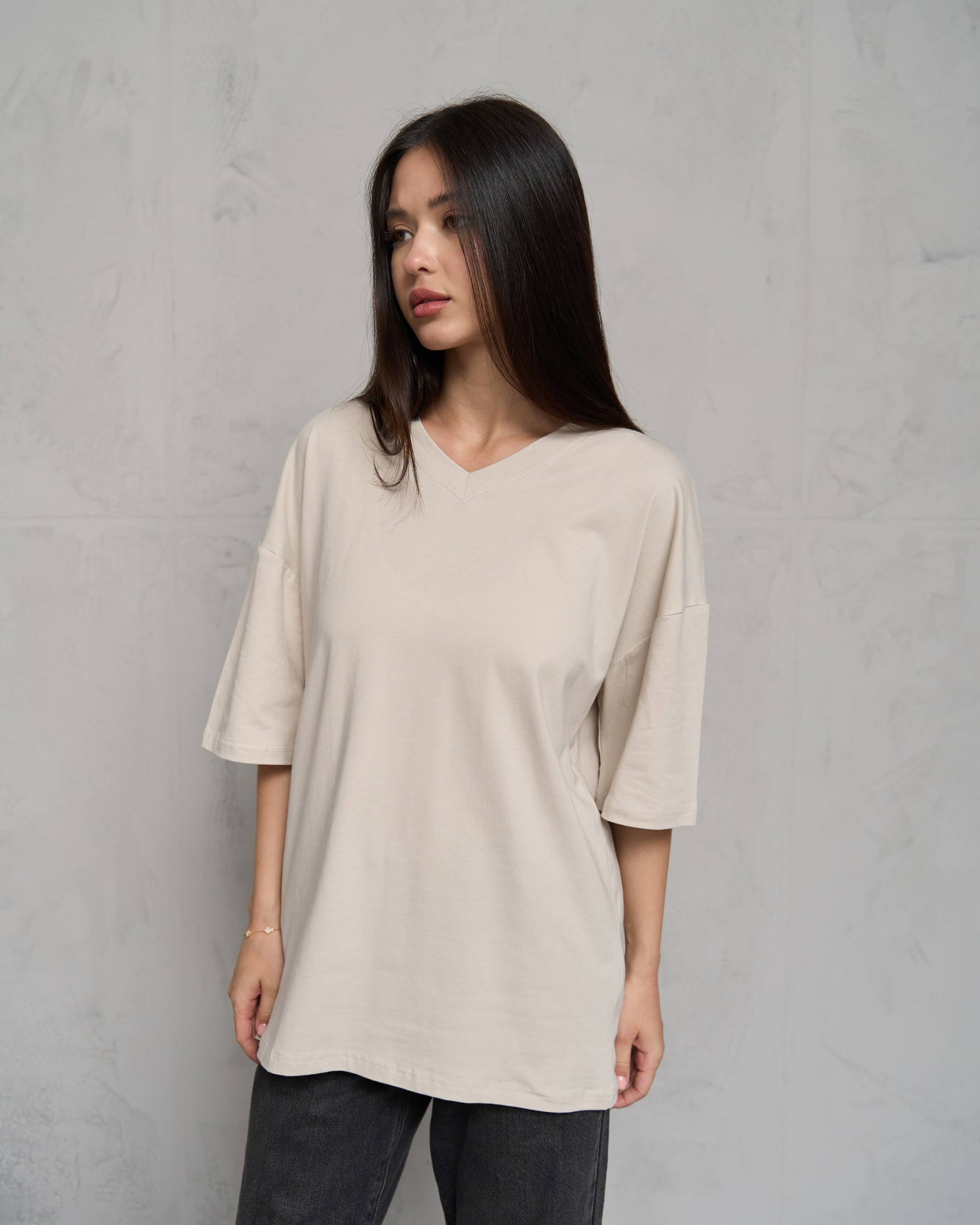 Футболка женская однотонная оверсайз хлопок - Молочная