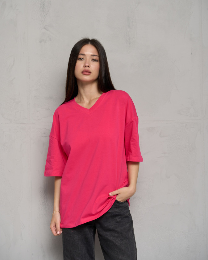 Футболка женская однотонная оверсайз хлопок - Фуксия