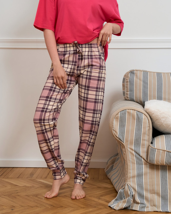 Жіночі піжамні штани - рожеві у клітинку