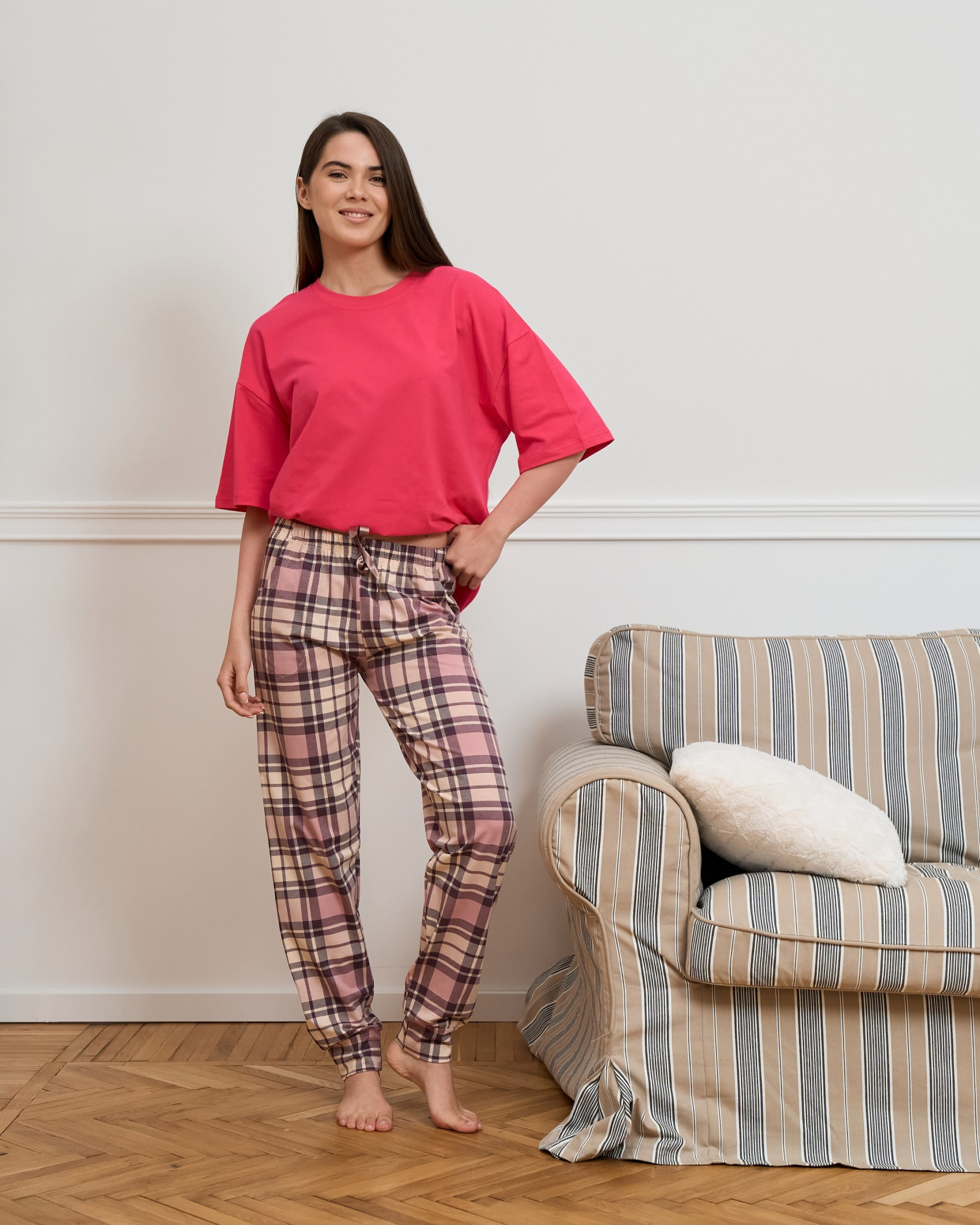 Жіночі піжамні штани - рожеві у клітинку