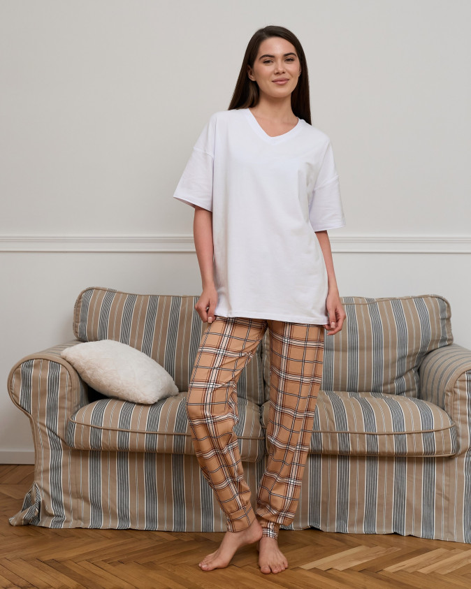 Жіночі піжамні штани - бежеві у клітинку