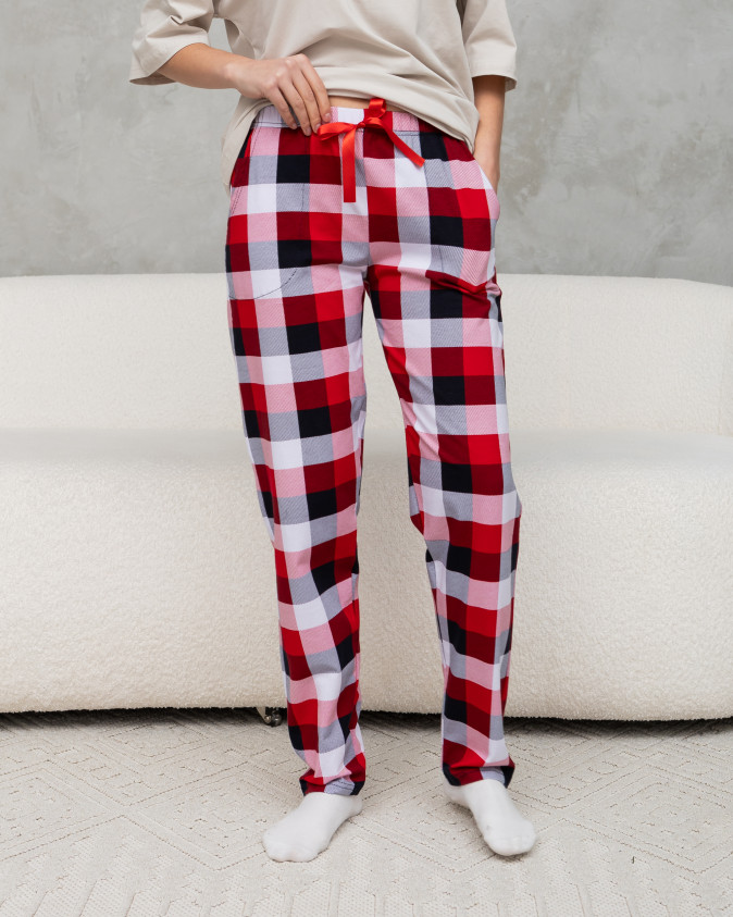 Женские пижамные штаны - бордовые в клетку