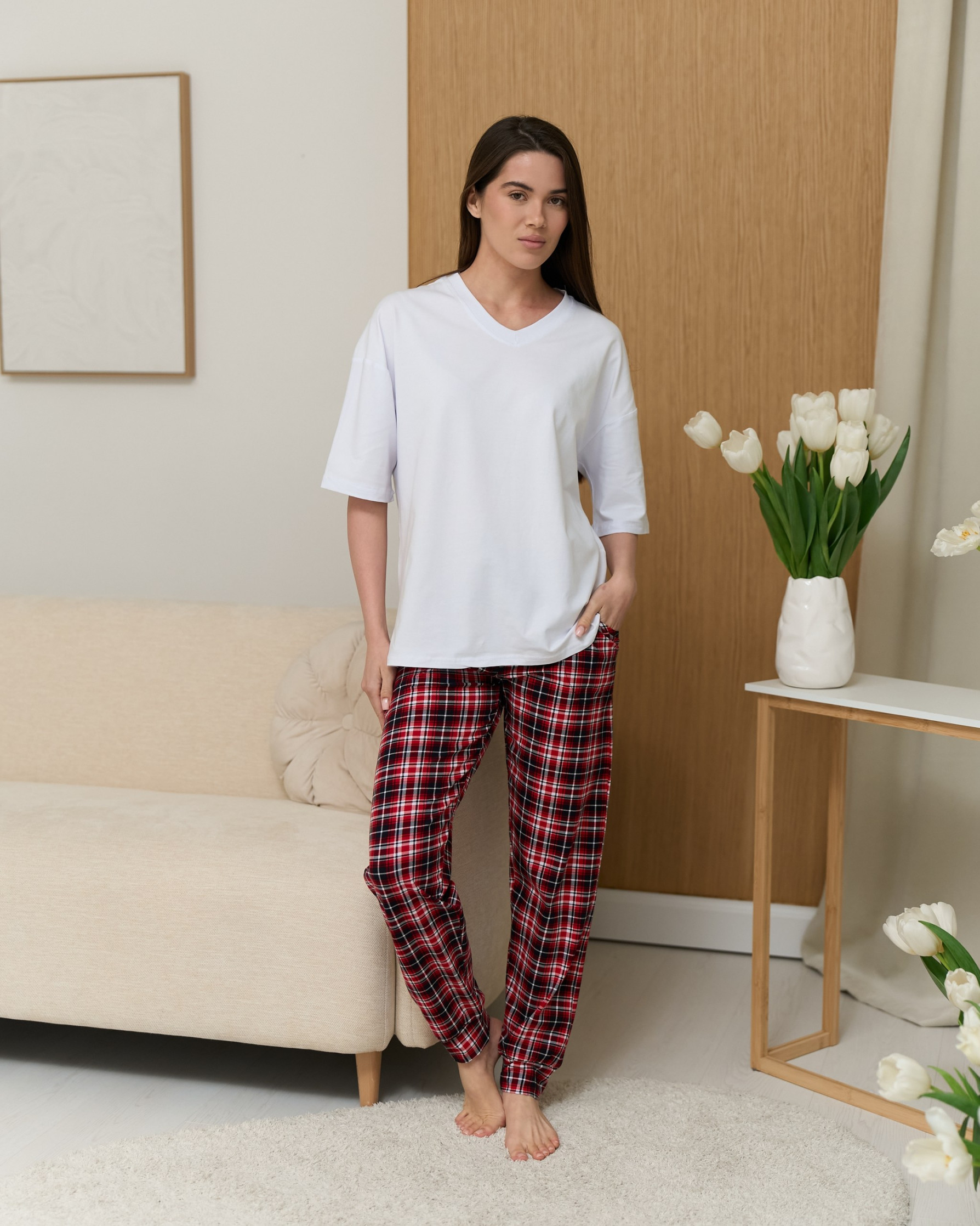Женские пижамные штаны - красные в клетку