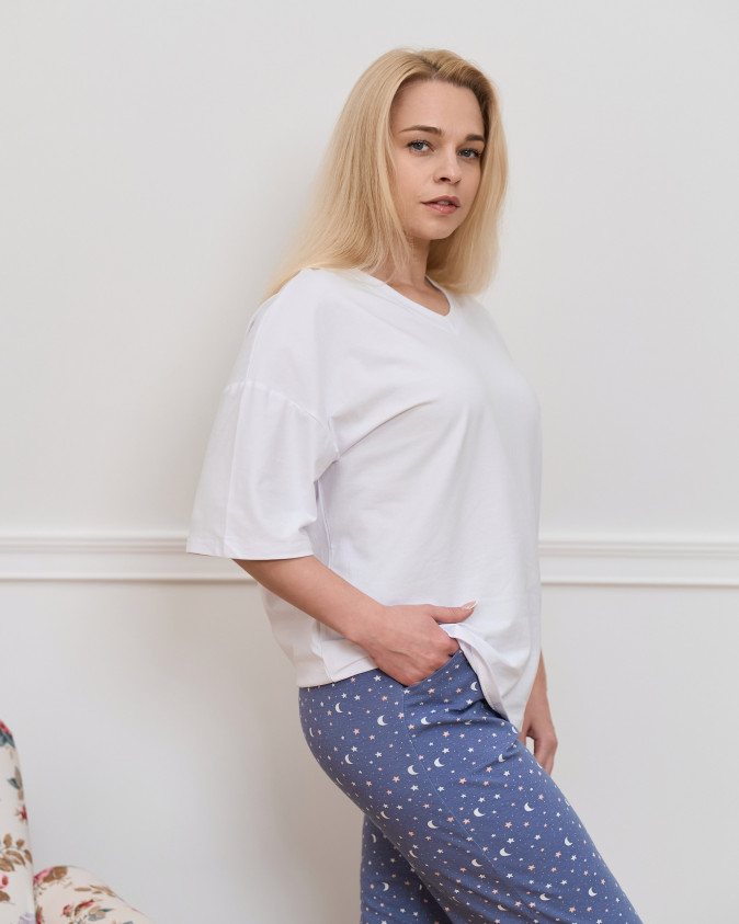 Піжамні штани Plus Size - сині з місяцем та зорями