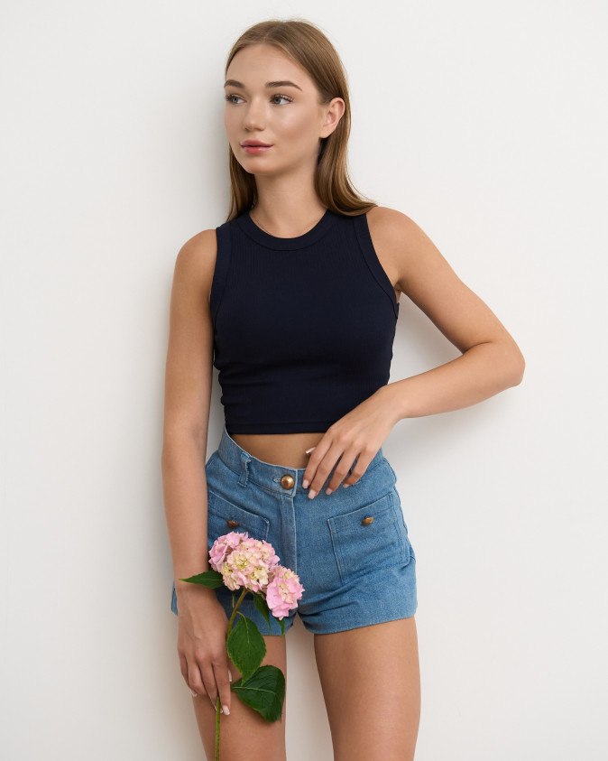 Женская майка укороченная crop Nicoletta - тёмно-синяя, в рубчик