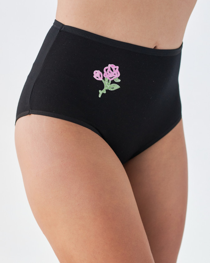 Жіночі труси Plus Size з широким боком - чорні з квіточкою - від 5 шт.