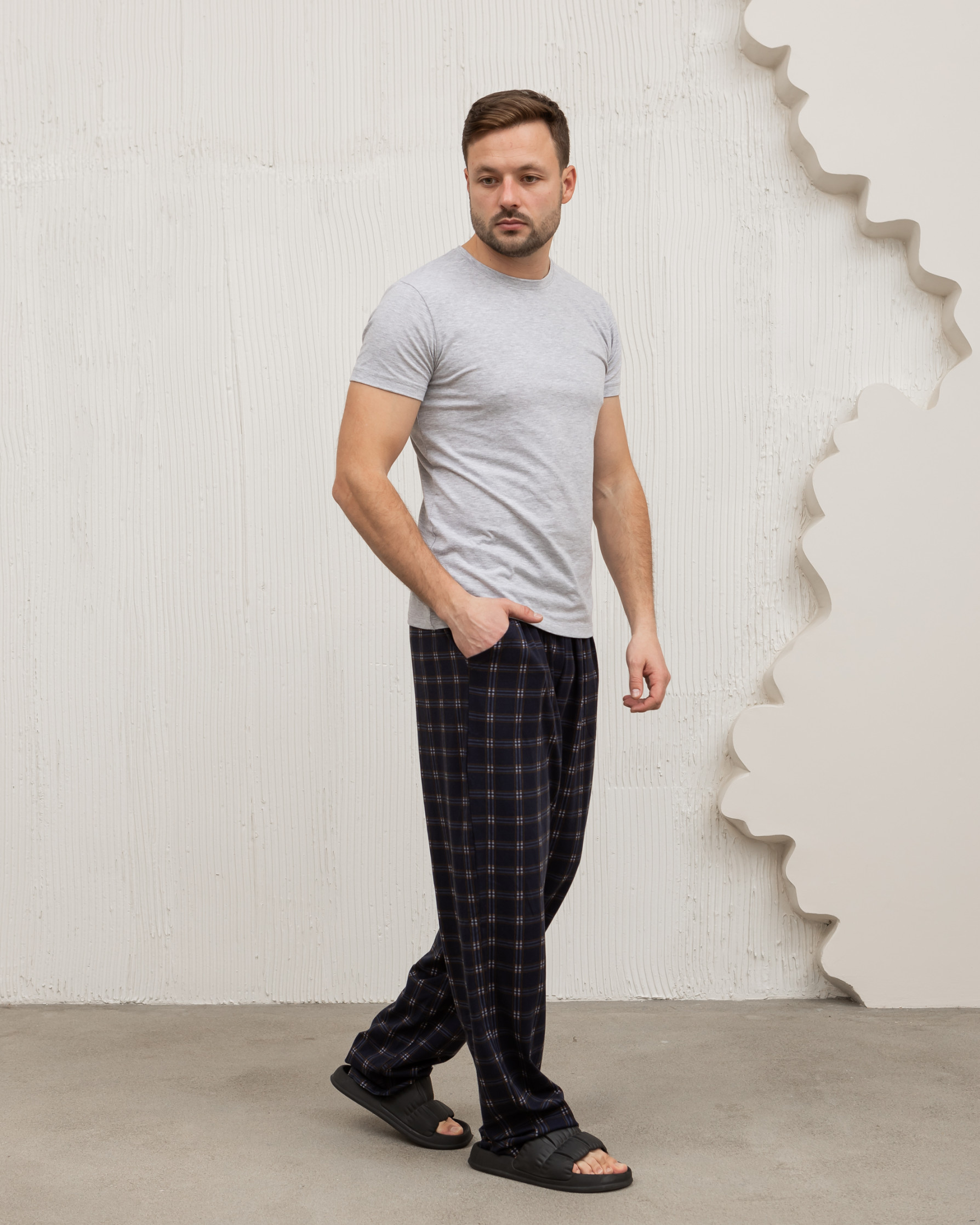 Чоловічі піжамні штани - дрібна клітинка - темно-сині без манжету