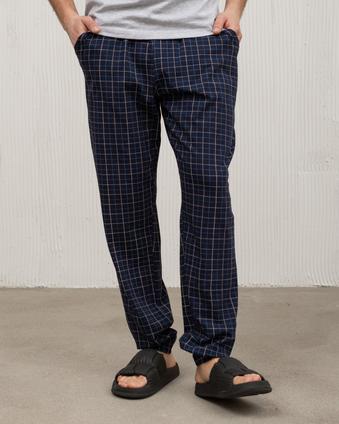 Чоловічі піжамні штани - темно-сині в клітинку з манжетом