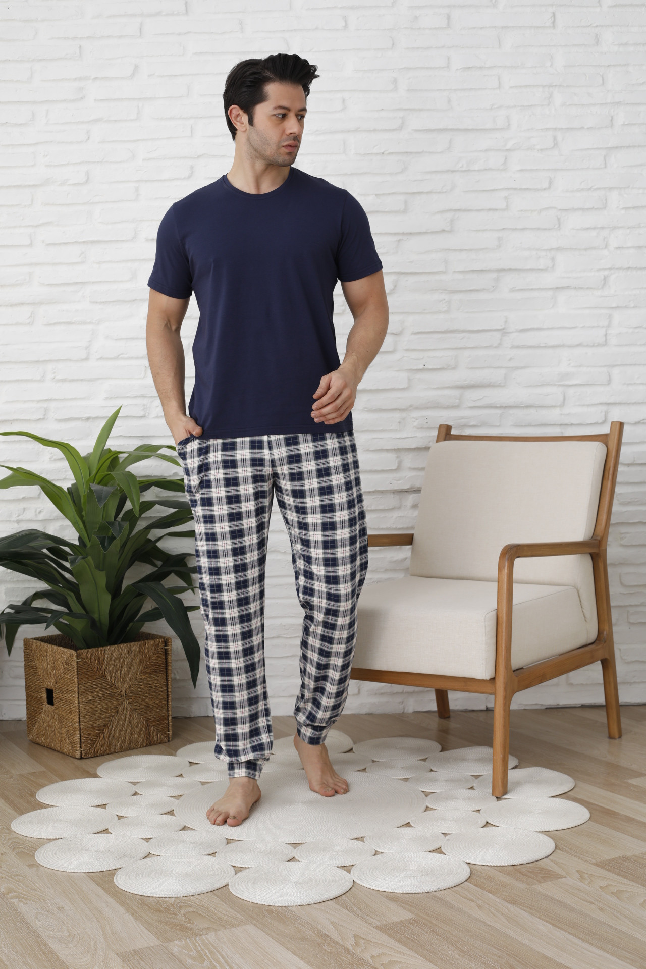 Чоловічі піжамні штани - молочно-синя клітинка