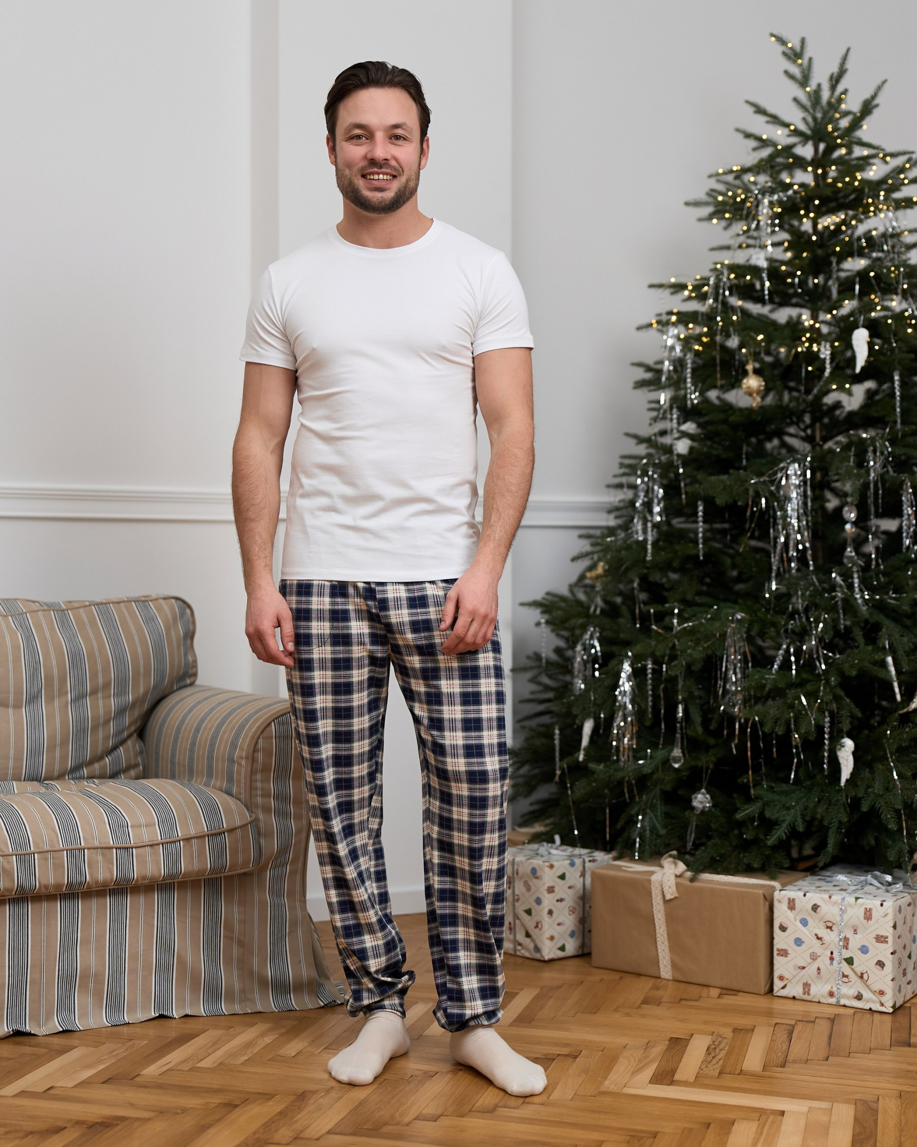 Мужские пижамные штаны - молочно-синяя клетка