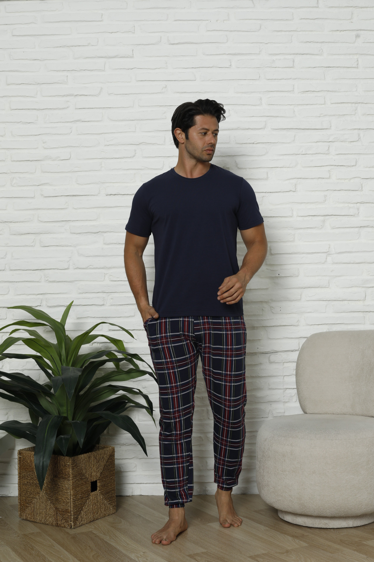 Чоловічі піжамні штани - бордово-синя клітинка