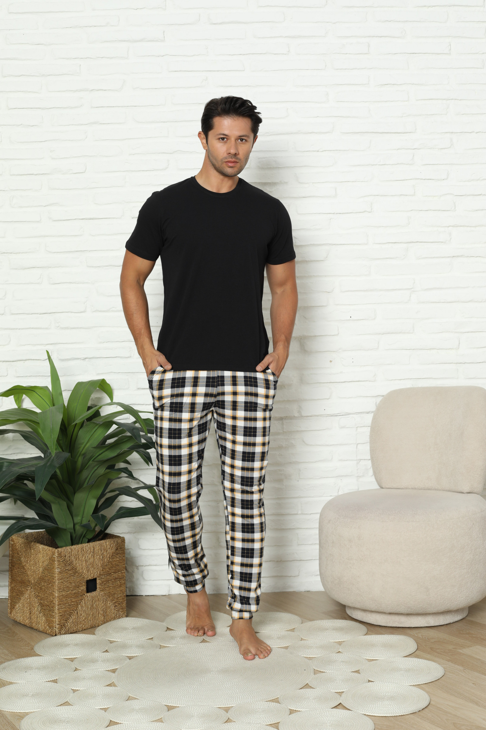 Чоловічі піжамні штани - чорно-жовта клітинка