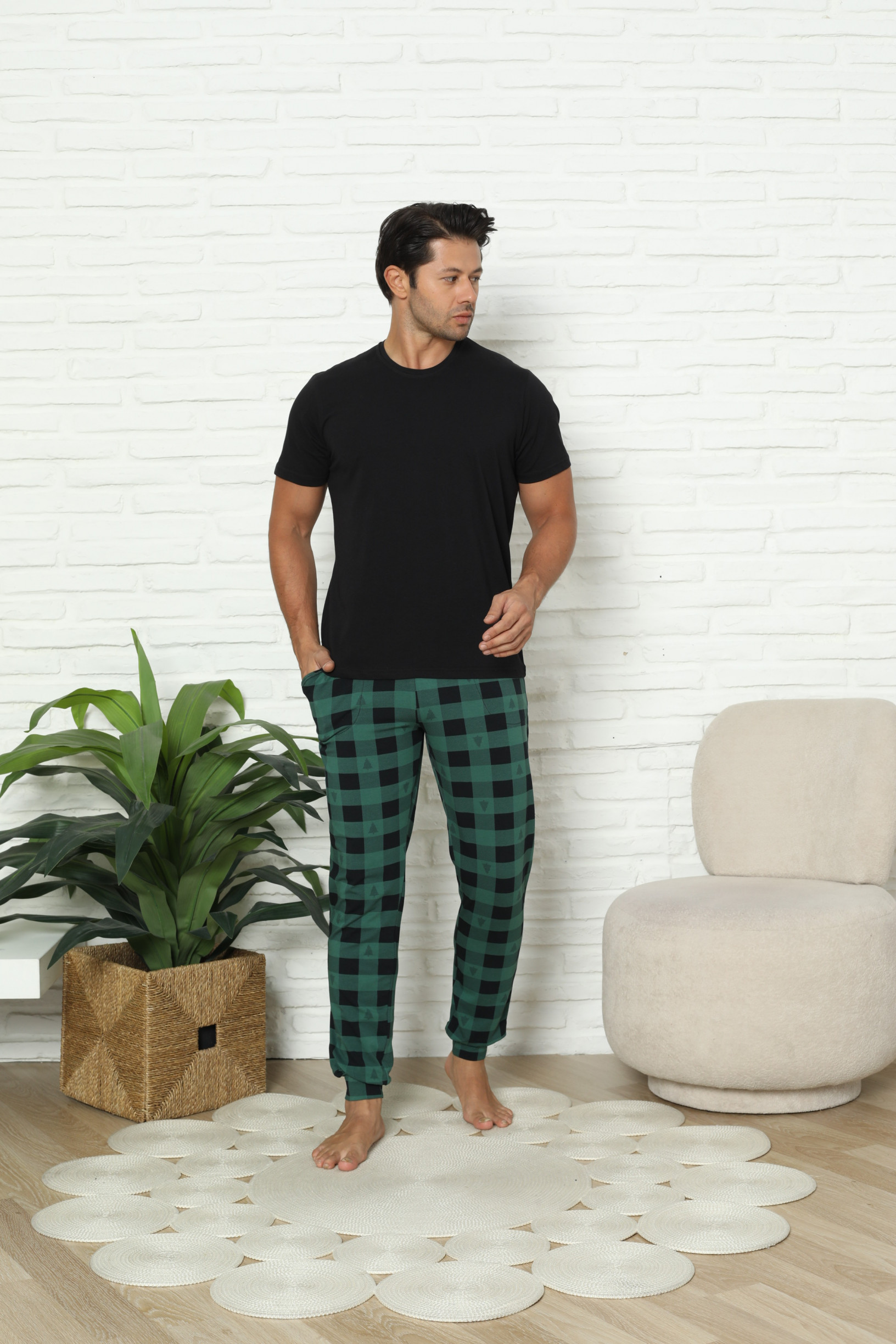 Чоловічі піжамні штани - зелено-чорна клітинка
