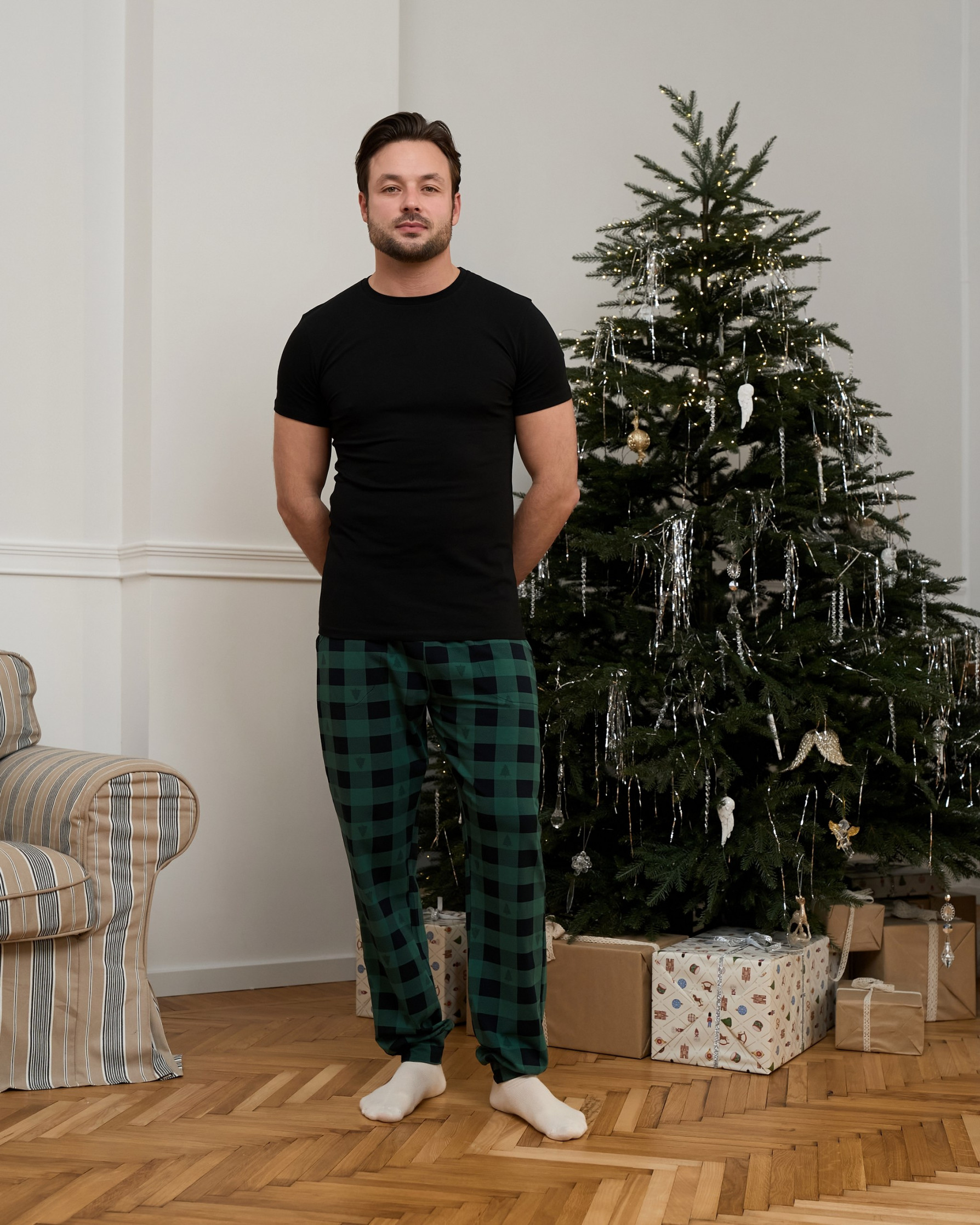 Мужские пижамные штаны - зелёно-черная клетка