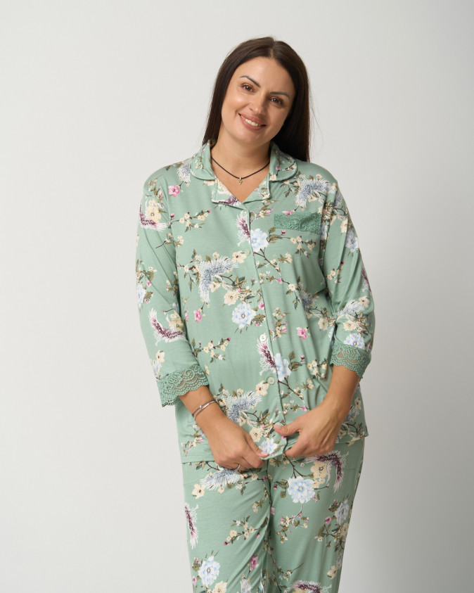 Комплект женский со штанами и кофтой на пуговицах Plus Size - цветы - Вискоза