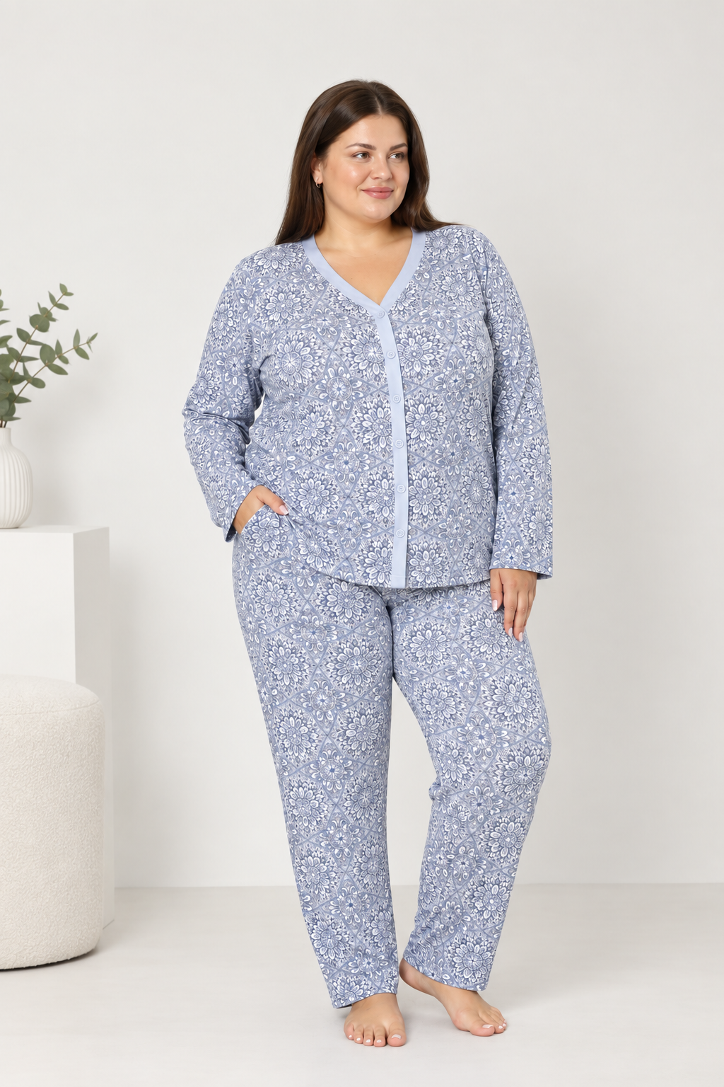 Комплект женский со штанами и кофтой на пуговицах Plus Size - Вискоза