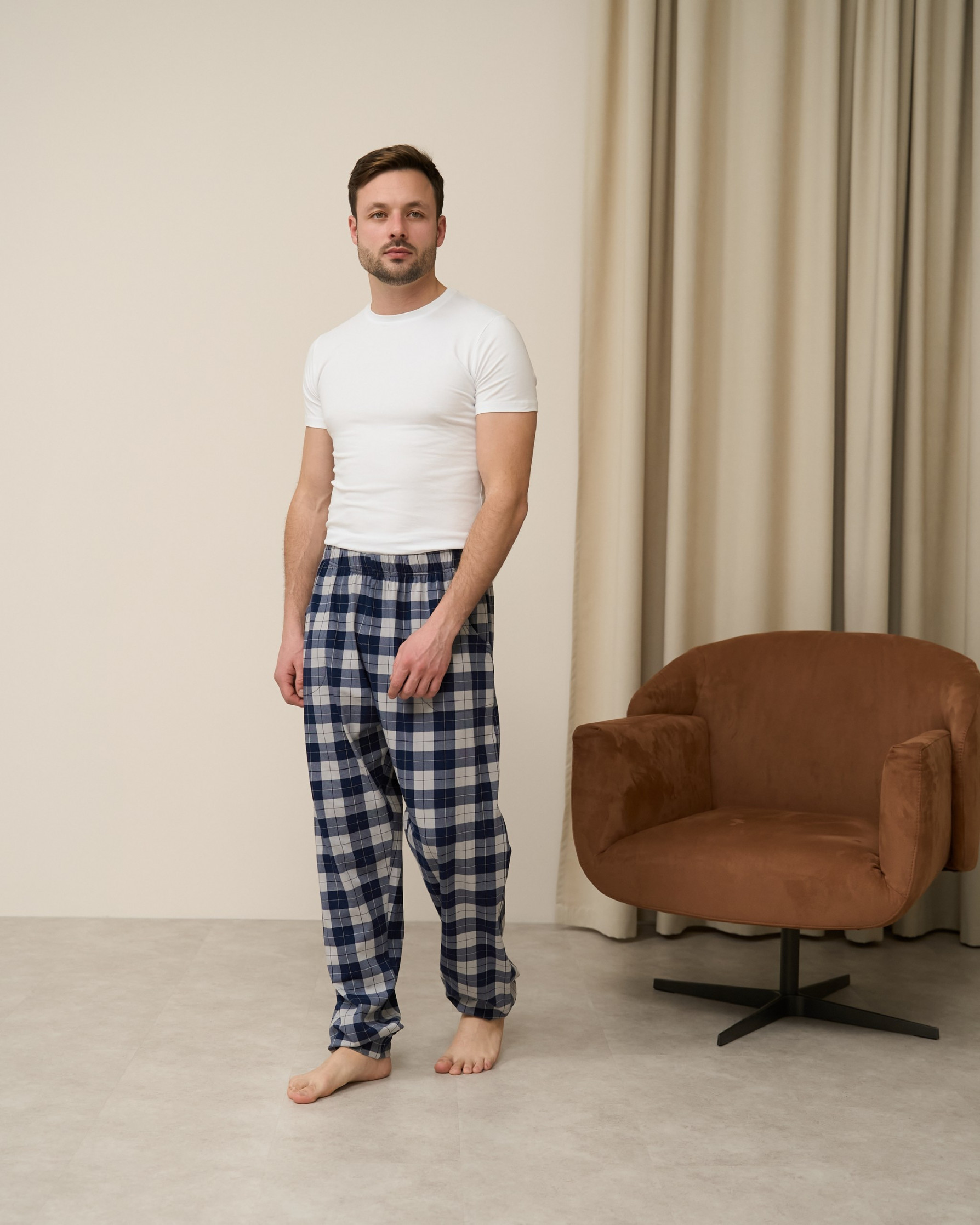 Мужские пижамные штаны Plus size - сине-серая клетка 