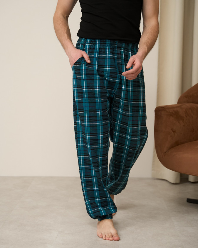 Чоловічі піжамні штани Plus size - синьо-зелена клітинка