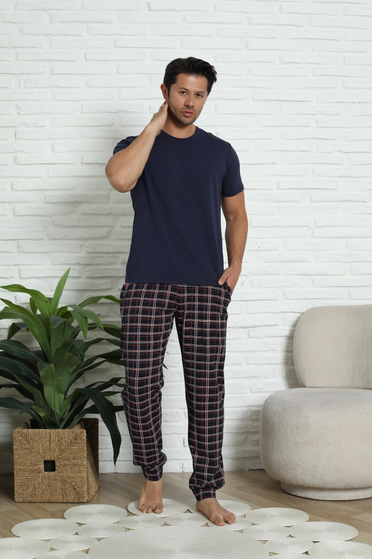 Чоловічі піжамні штани Plus size - синьо-червона клітинка