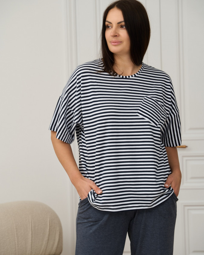 Комплект жіночий з капрі Plus Size - морський у смужку
