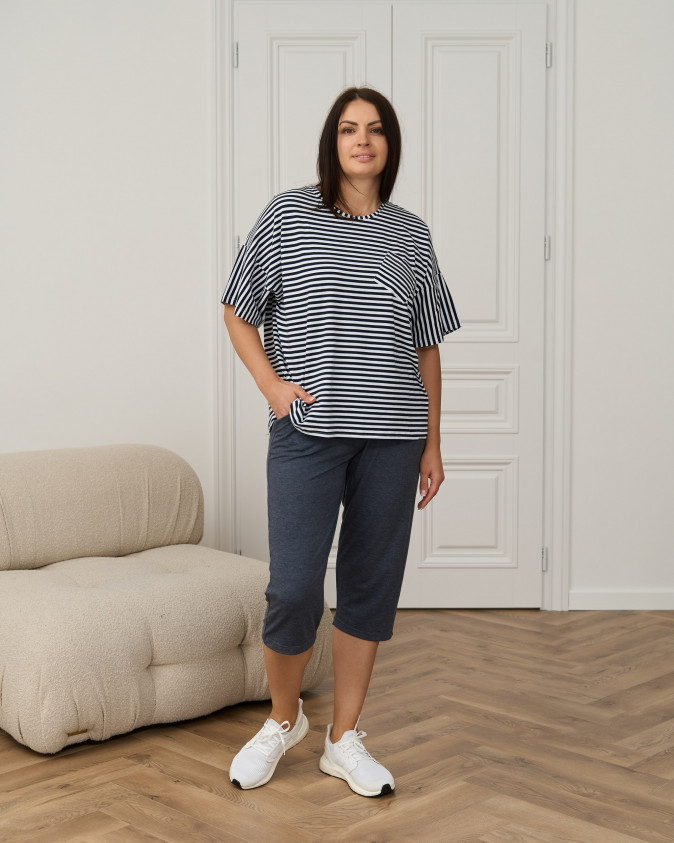 Комплект жіночий з капрі Plus Size - морський у смужку