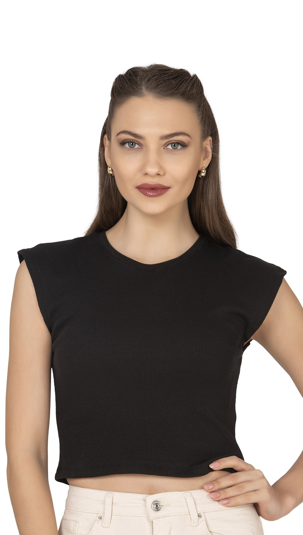 Футболка жіноча без рукавів вкорочена бавовна, в рубчик - Ozkan