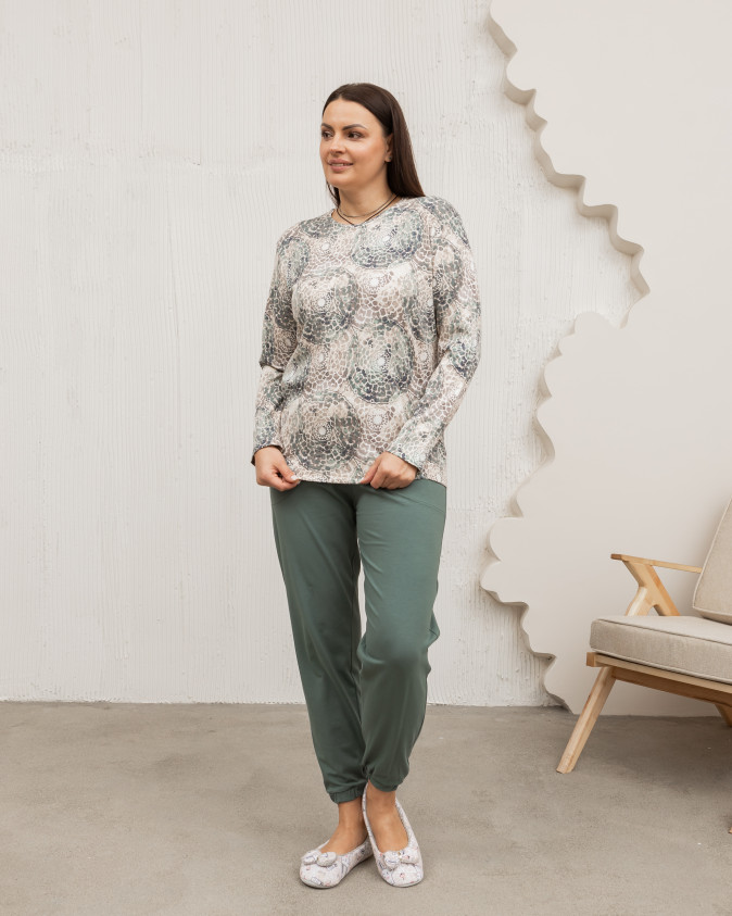 Комплект жіночий Plus Size зі штанами - акварельний візерунок - кофтинка в рубчик
