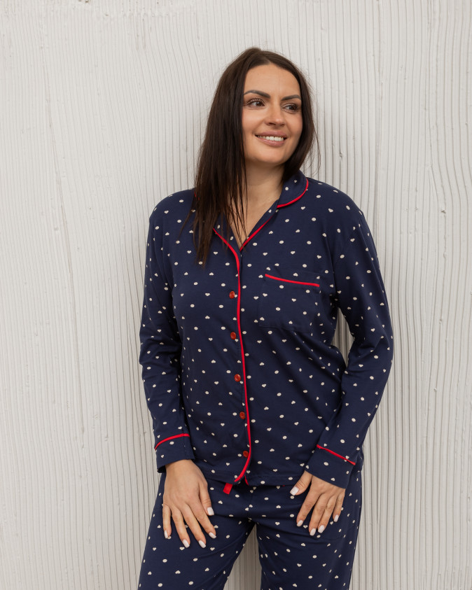 Пижама женская Plus Size на пуговицах - Горошек и сердечки