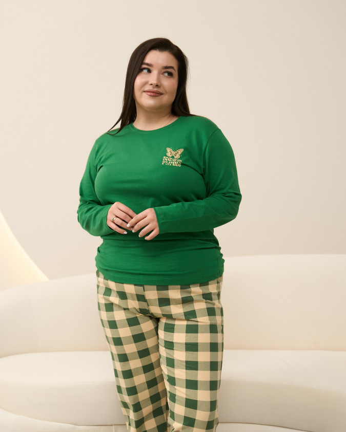 Піжама жіноча Plus Size зі штанами в клітинку - Зелена