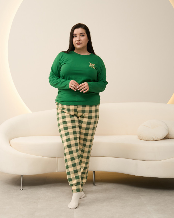 Піжама жіноча Plus Size зі штанами в клітинку - Зелена