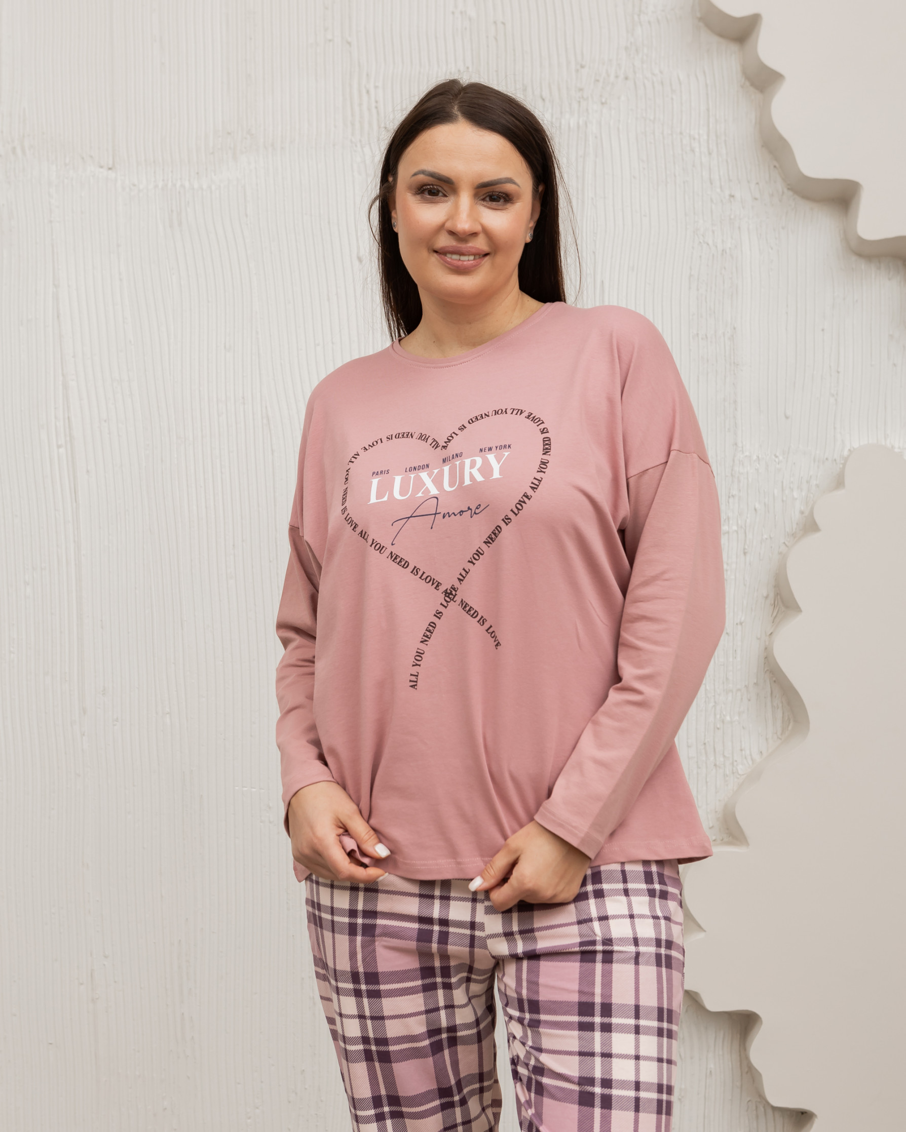 Пижама женская Plus Size со штанами в клетку - Luxury (30086
