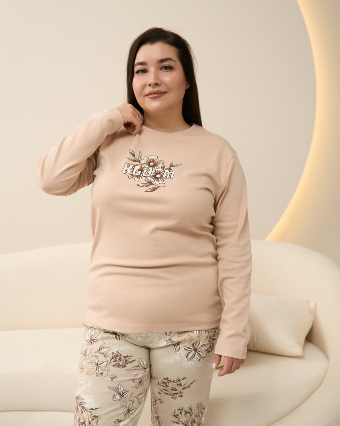 Піжама жіноча Plus Size зі штанами у квіти - Інтерлок