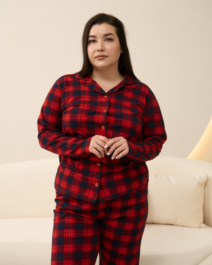 Піжама жіноча Plus Size синьо-червона клітинка - Family look для родини