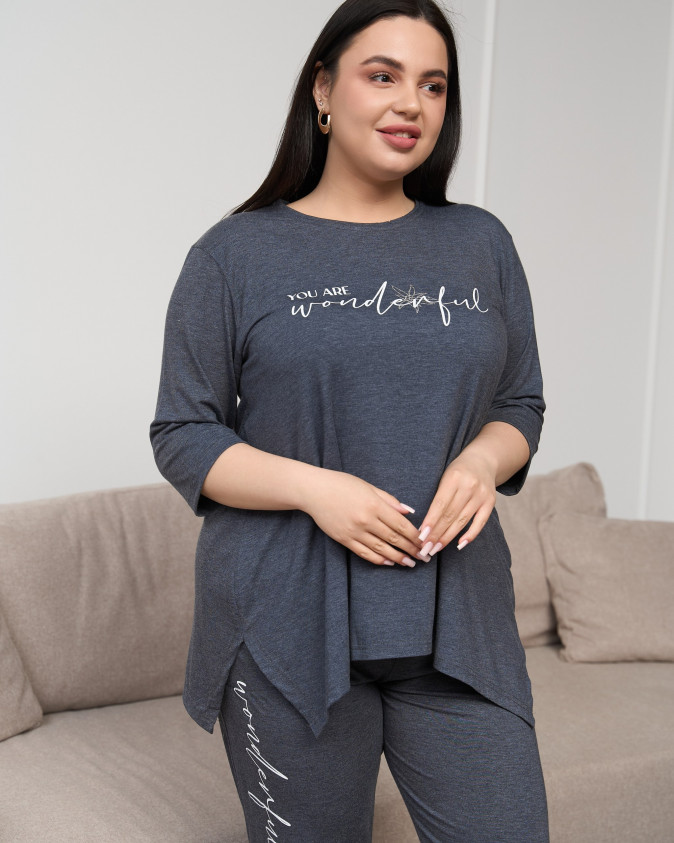 Женский комплект со штанами Plus Size - рукав 3/4 - вискоза