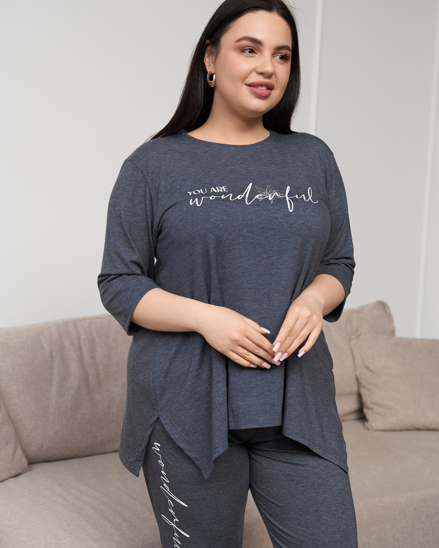 Жіночий комплект зі штанами Plus Size - рукав 3/4 - віскоза