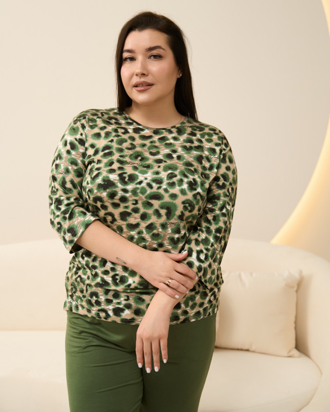 Жіночий комплект Plus Size штани та кофта рукав 3/4 - леопард - Віскоза
