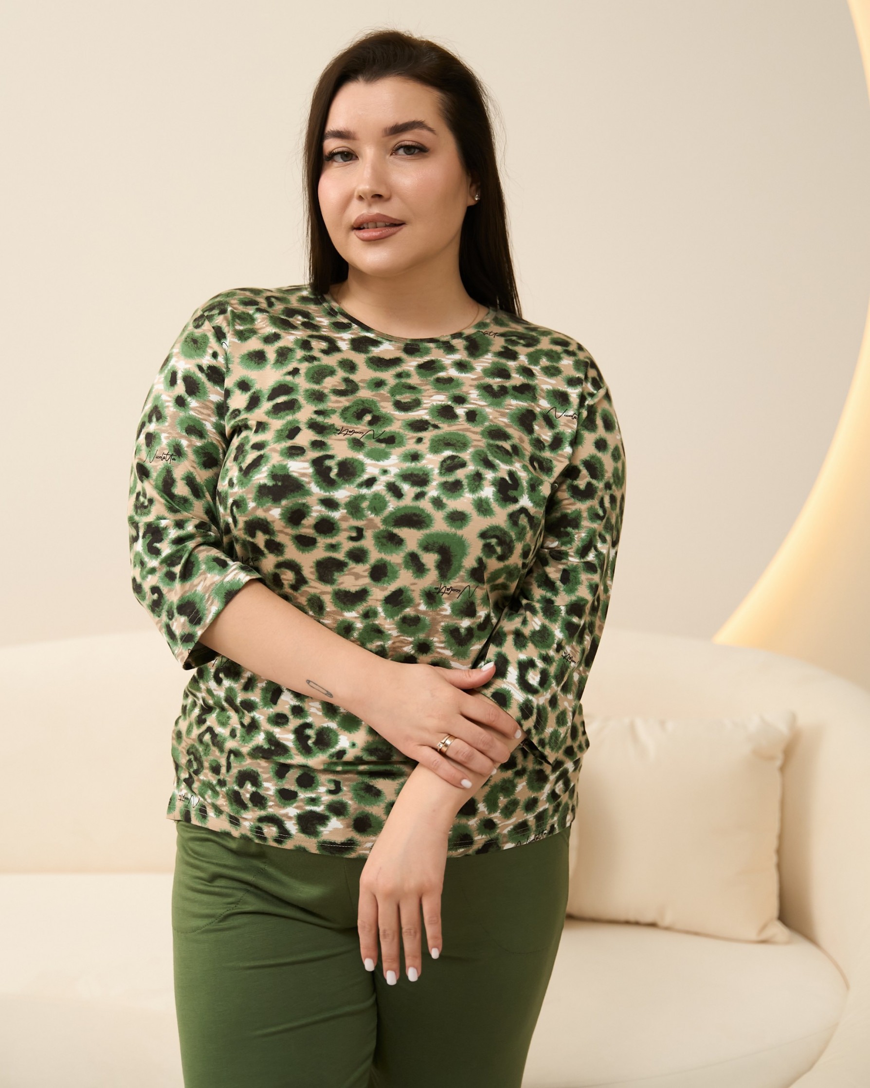 Жіночий комплект Plus Size штани та кофта рукав 3/4 - леопард - Віскоза