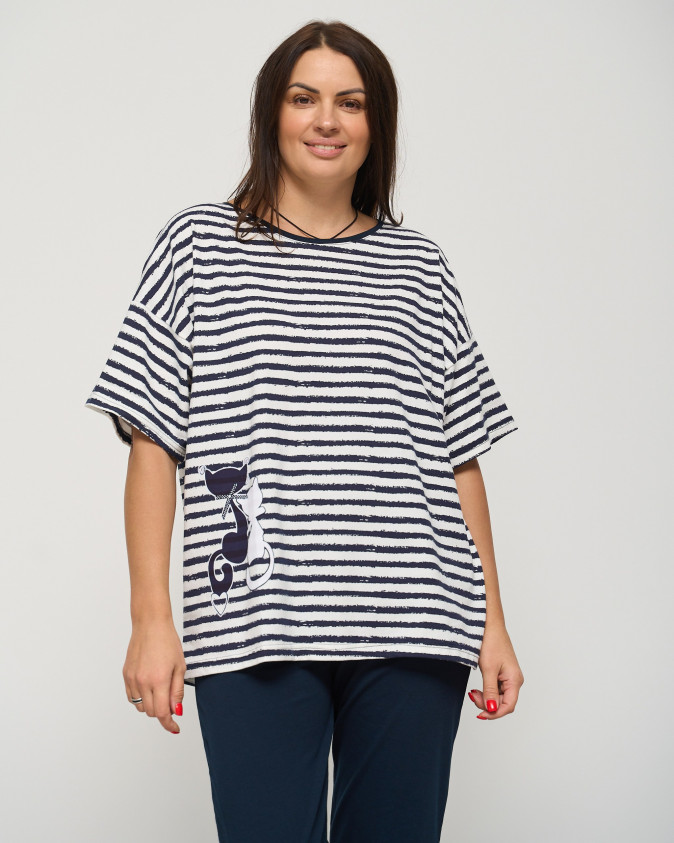 Комплект жіночий Plus Size з капрі в смужку - 2 кота на футболці