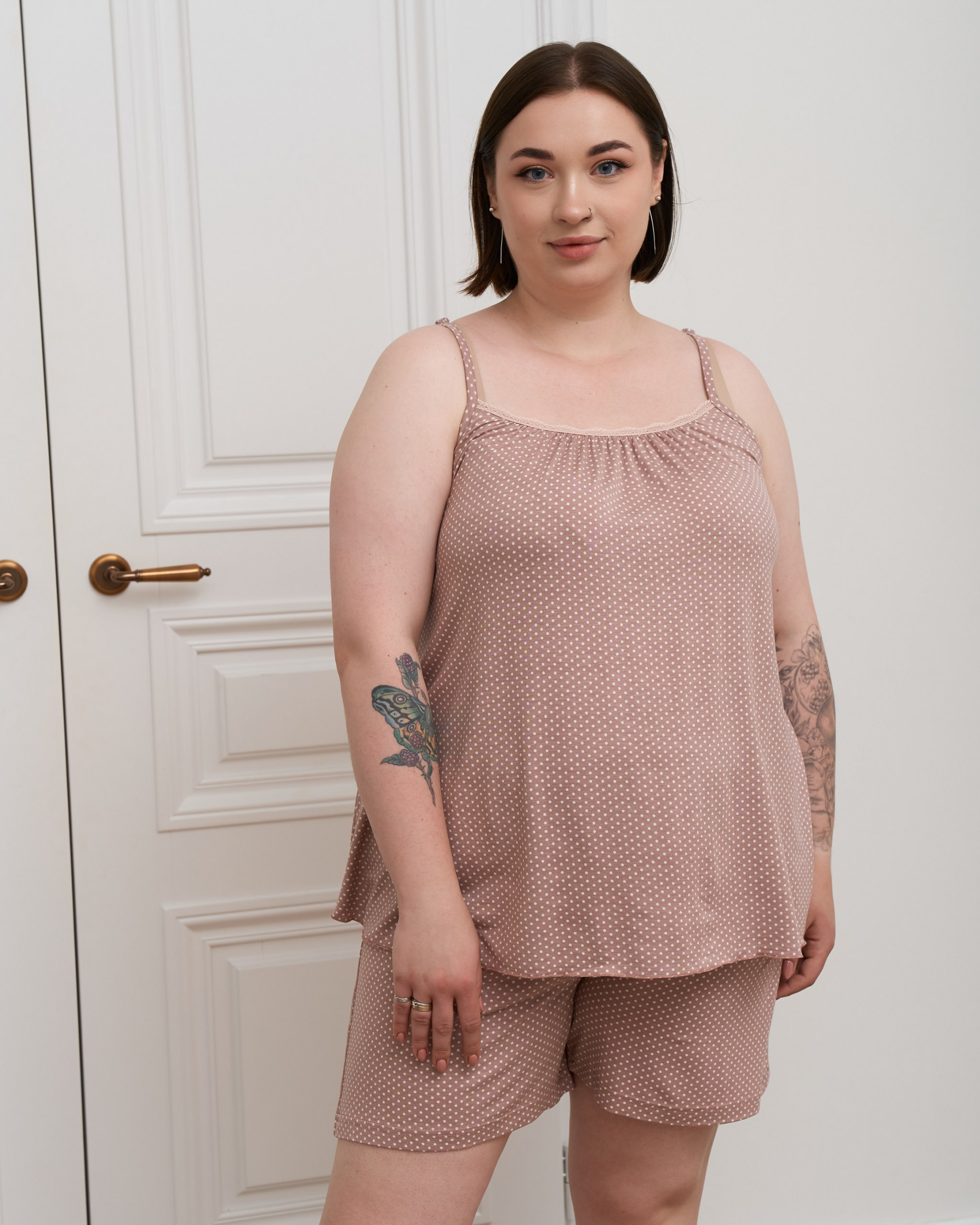 Піжама жіноча Plus Size з майкою та шортами горошок - віскоза
