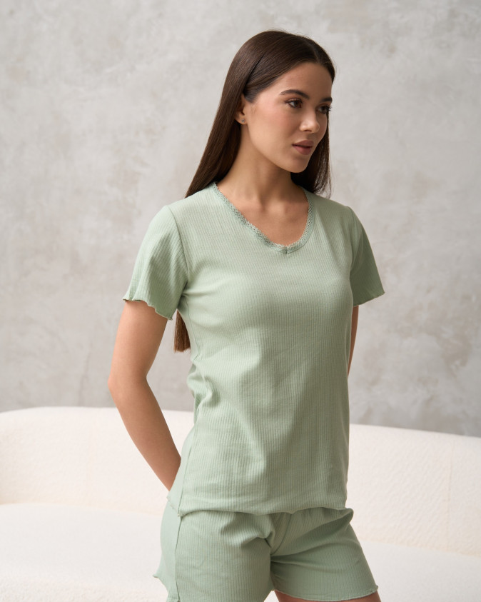 Комплект жіночий футболка з шортиками однотонний - Рубчик