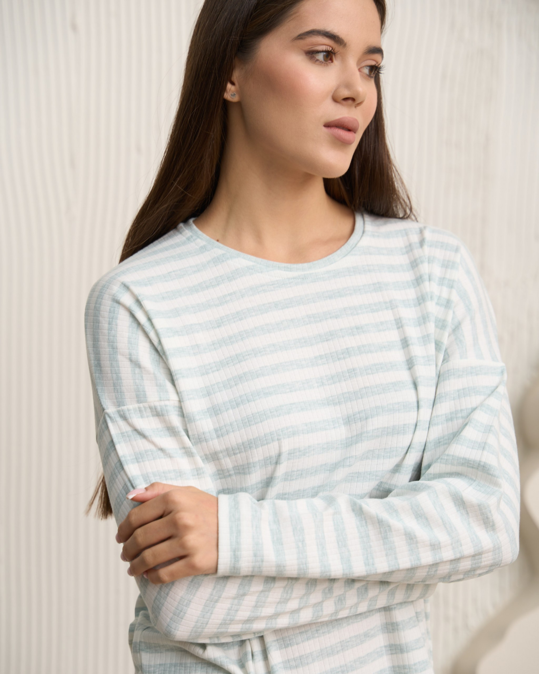 Женский комплект со штанами - верх в полоску - рубчик