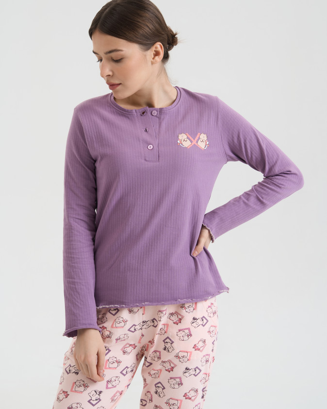 Женский комплект со штанами в котики - кофта в рубчик - Family look мама/дочка