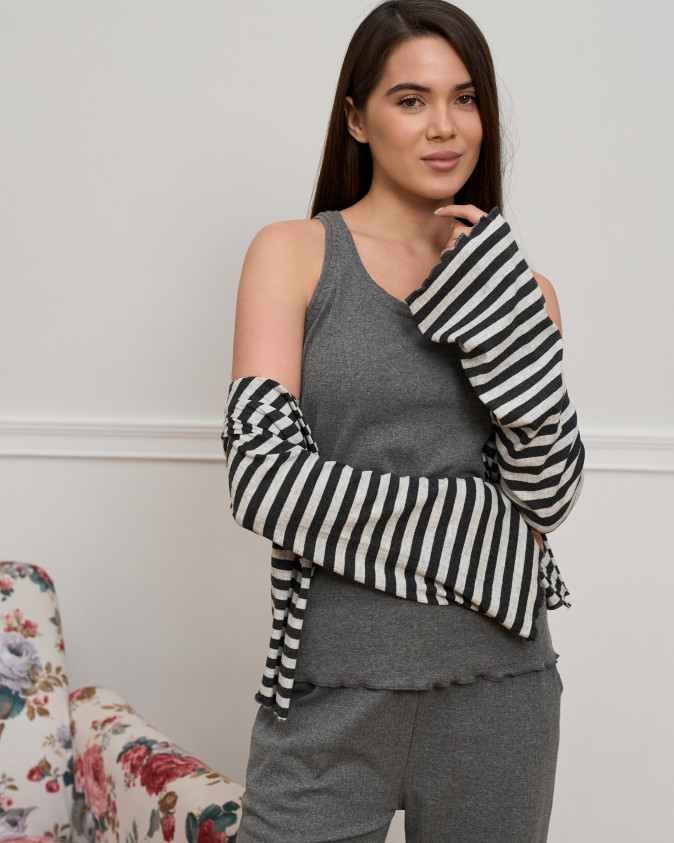 Жіночий комплект-трійка майка, штани та кардиган - рубчик