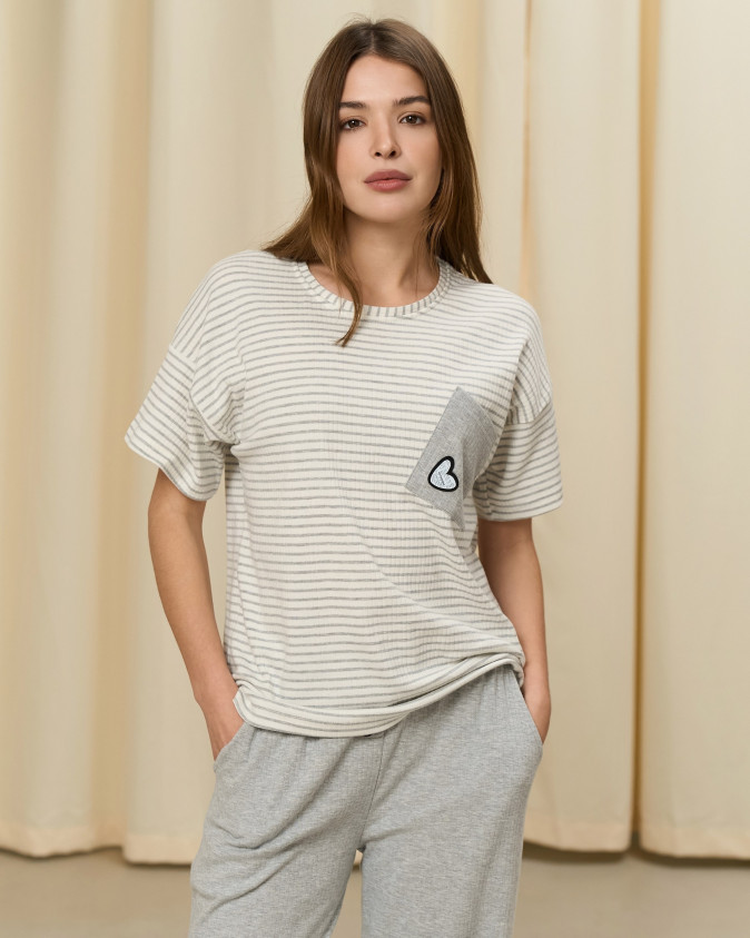 Женский комплект со штанами - футболка в полоску - рубчик