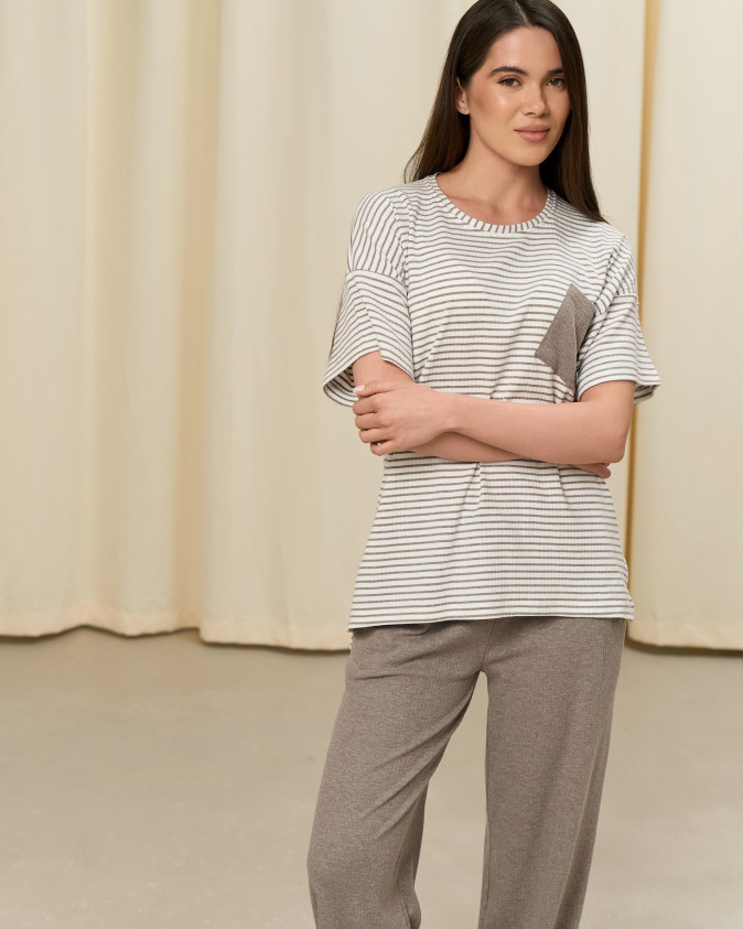 Женский комплект со штанами - футболка в полоску - рубчик