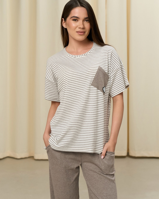 Жіночий комплект зі штанами - футболка у смужку - рубчик