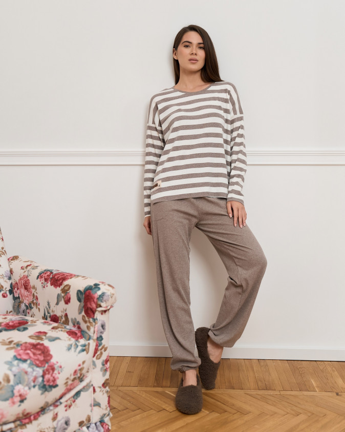Женский комплект со штанами - кофта в полоску - рубчик