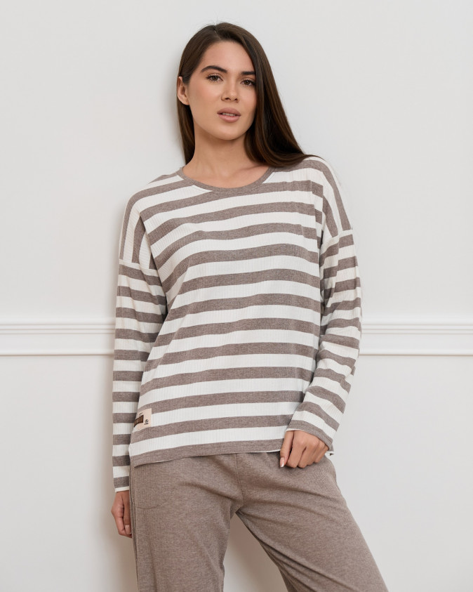 Женский комплект со штанами - кофта в полоску - рубчик