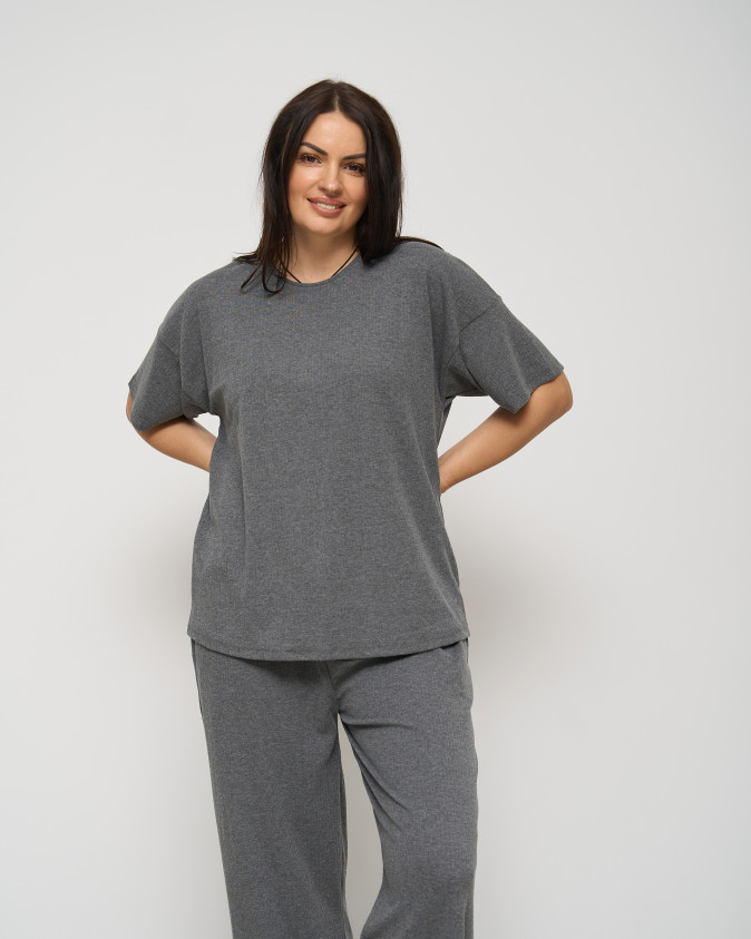 Комплект женский со штанами и футболкой Plus Size - в рубчик