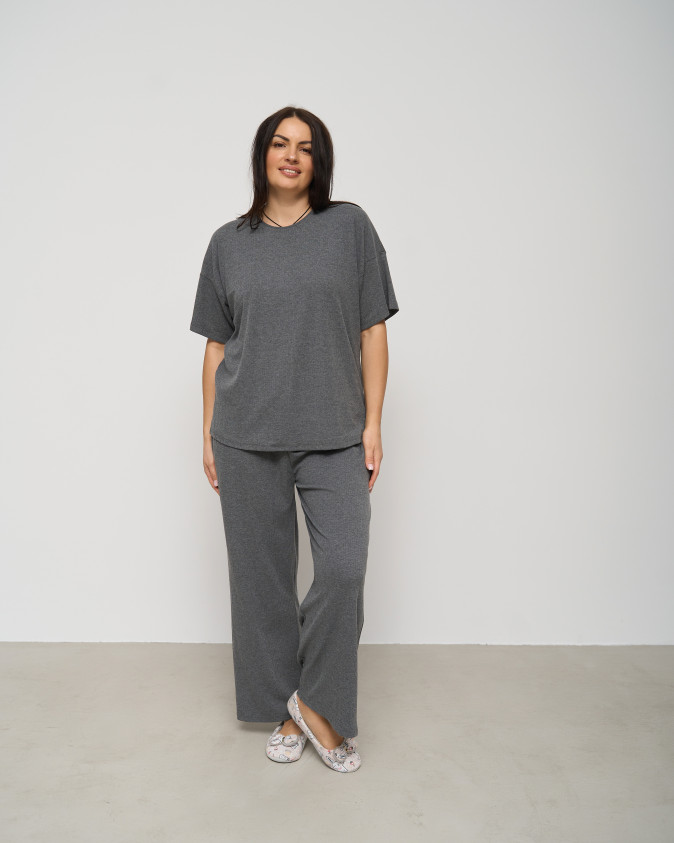 Комплект женский со штанами и футболкой Plus Size - в рубчик